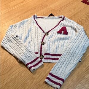 Women's White and Red Cable Knit Sweater